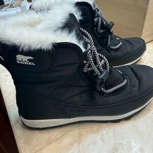 Sorel Black and White Winter Rain Boots with Faux Fur Lining